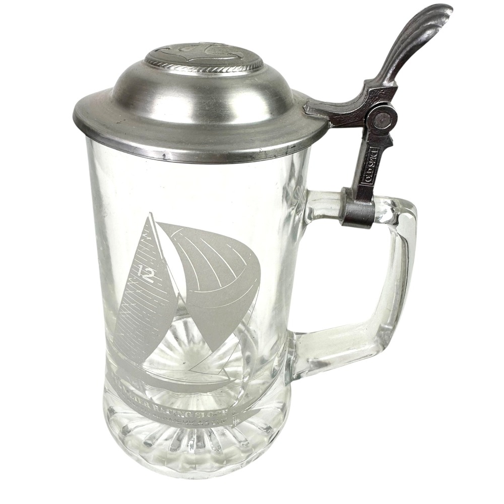 Glass Beer Stein Pewter Lid Columbia 1901 Americas Cup ALWE Old Spice W. Germany
